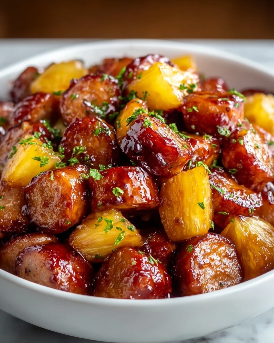 Several small clear glass bowls are arranged on a white marbled surface, each holding different ingredients. In the front, two small bowls contain a brown powdery spice and a green dried herb. Just behind them, a bowl filled with dark brown liquid, possibly soy sauce, is placed to the left. To the right side, a larger bowl holds shiny reddish-brown sausages. Behind these, three medium bowls are filled with different chopped items: bright yellow pineapples in the front, beige chopped nuts to the right, and more reddish-brown sausages to the left. The overall setting is softly lit with a shallow depth of field, keeping the bowls in focus. Photo taken with an iphone --ar 4:5 --v 7