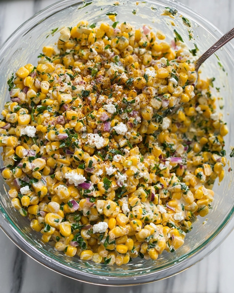 A clear glass bowl filled with a creamy corn salad composed of bright yellow corn kernels mixed with finely chopped green herbs, small pieces of red onion, and scattered crumbles of white cheese, all coated in a light creamy dressing with specks of spices, a silver spoon partially immersed in the mixture, the background shows a white marbled texture surface. photo taken with an iphone --ar 4:5 --v 7