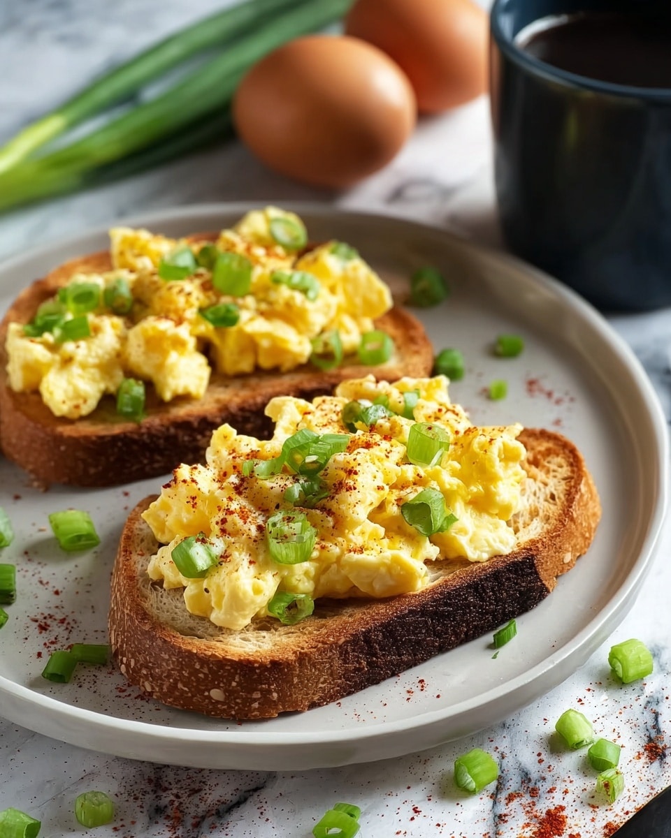 Two slices of toasted brown bread are topped with creamy, fluffy yellow scrambled eggs, sprinkled with finely chopped green onions and a light dusting of red paprika. The bread looks crisp and golden around the edges with a soft texture in the middle, holding the eggs firmly. The plate is white and round, resting on a white marbled surface with scattered green onion pieces around the toast. In the background, there are whole brown eggs, fresh green onions, and a dark-colored cup filled with black coffee. photo taken with an iphone --ar 4:5 --v 7