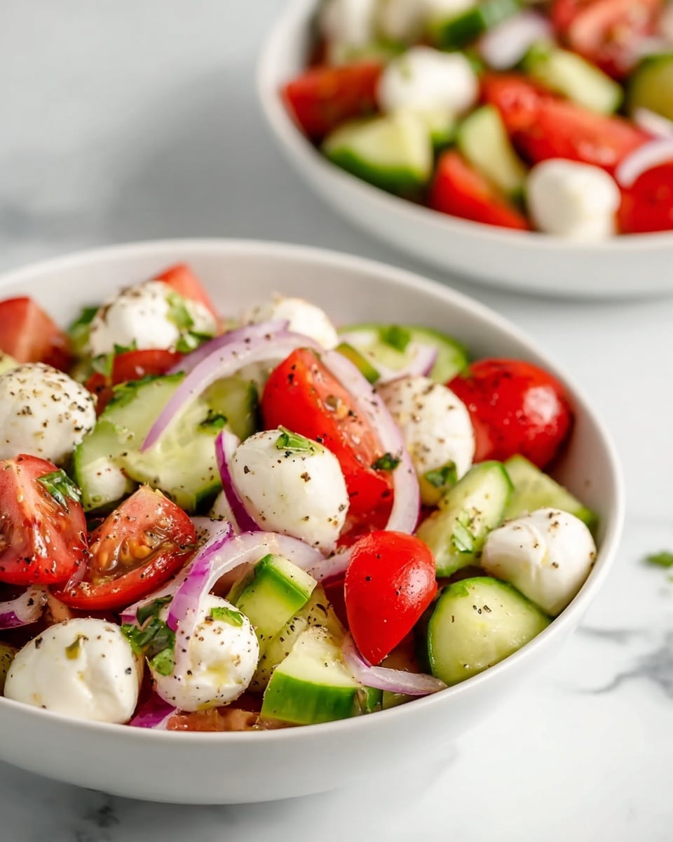 A white bowl filled with a colorful salad showing bright red cherry tomato halves, small round white mozzarella balls seasoned with black pepper, and slices of crisp green cucumber, mixed with thin strips of purple onion and small green herb pieces scattered throughout. The salad looks fresh and vibrant on a white marbled surface with another bowl of the same salad slightly blurred in the background, creating a fresh and appetizing scene. photo taken with an iphone --ar 4:5 --v 7