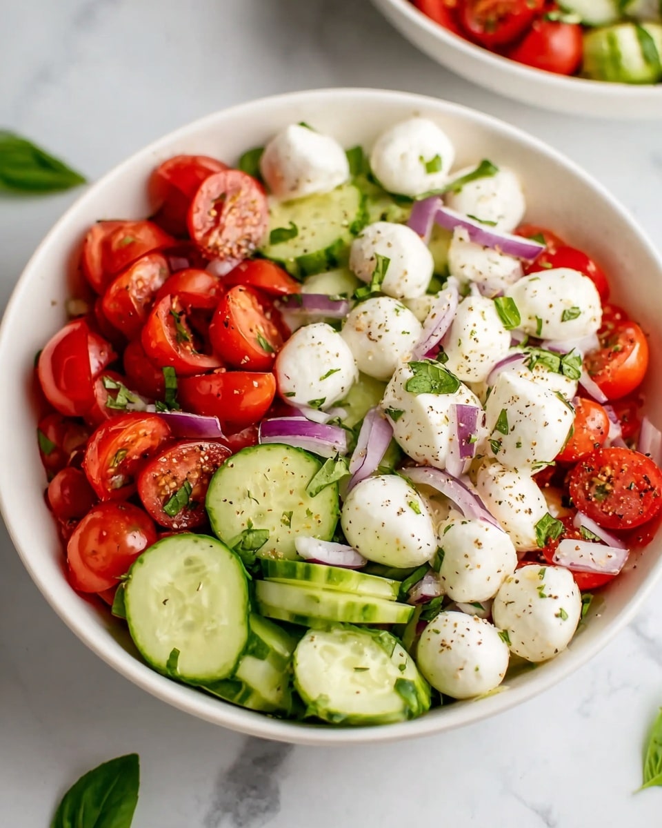 A white bowl filled with a fresh and colorful salad made of three main layers: the bottom layer has sliced green cucumbers with a smooth texture, the middle layer includes bright red cherry tomato halves showing juicy interiors, and the top layer is made up of small, white mozzarella cheese balls sprinkled with black pepper and small bits of chopped green herbs, along with thin slices of purple onion scattered throughout. The bowl is placed on a clean white marbled surface with a few green leaves nearby, enhancing the fresh feeling of the dish photo taken with an iphone --ar 4:5 --v 7
