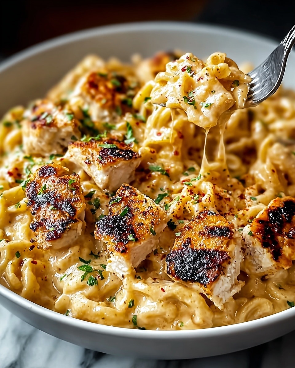 A close-up view of a dish in a white bowl filled with creamy pasta layered with pieces of grilled chicken on top. The pasta is covered evenly with a thick, creamy sauce of light beige color, while the grilled chicken pieces have a golden-brown, slightly charred surface with black grill marks. The chicken pieces are scattered on top, showing a rough texture, and the dish is sprinkled with small green herb flakes and crushed red pepper flakes for added color. Steam rises gently from the hot dish, and a silver fork is partially visible lifting some pasta. The bowl is placed on a white marbled surface. photo taken with an iphone --ar 4:5 --v 7