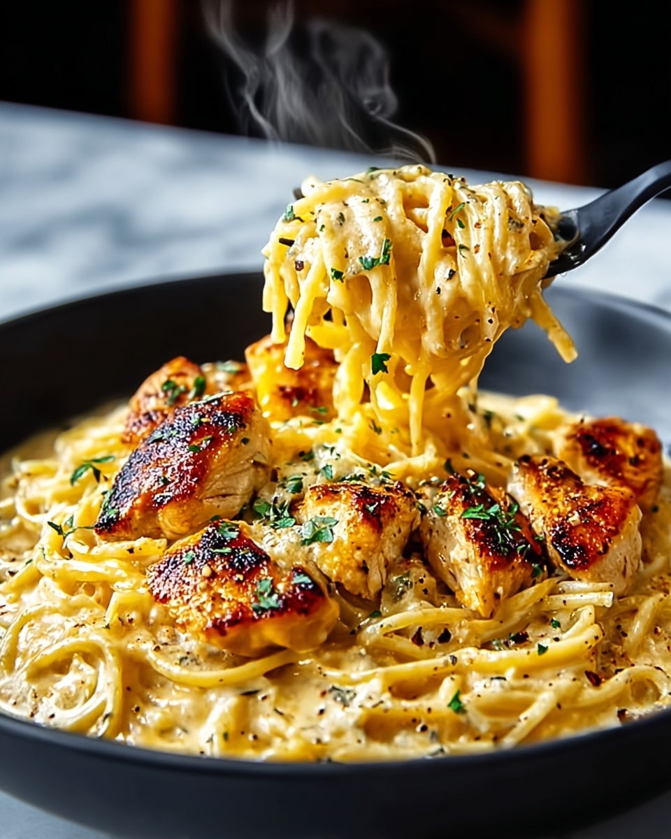 A depth-filled close-up of a black bowl filled with creamy yellow pasta mixed with golden-brown grilled chicken pieces on top, with the pasta strands coated in a smooth cheesy sauce. Some small green herb bits are sprinkled on both pasta and chicken, adding contrast. A black fork lifts a spoonful of the creamy pasta and chicken, showing the noodles’ soft texture and shiny sauce, with light steam rising. The dish rests on a white marbled surface. photo taken with an iphone --ar 4:5 --v 7