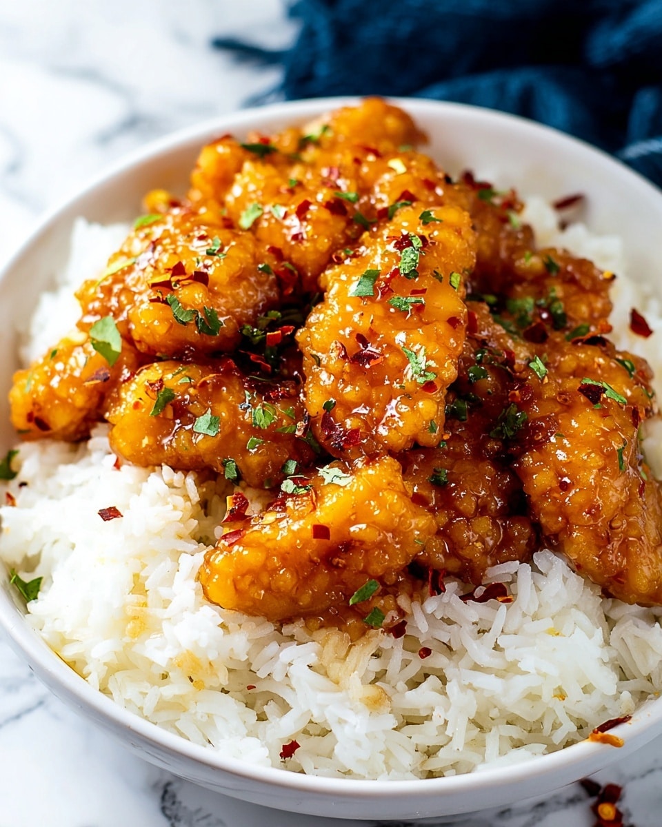 A white bowl filled with a bed of fluffy white rice at the bottom layer, topped thickly with golden brown pieces of glazed chicken coated in a shiny, sticky sauce. The chicken pieces have a slightly crispy texture and are sprinkled generously with small green herb bits and red chili flakes, adding contrast and color. The bowl is set on a white marbled surface with a hint of a dark blue cloth in the background. The focus is close up, making the textures of the rice and chicken very clear. photo taken with an iphone --ar 4:5 --v 7