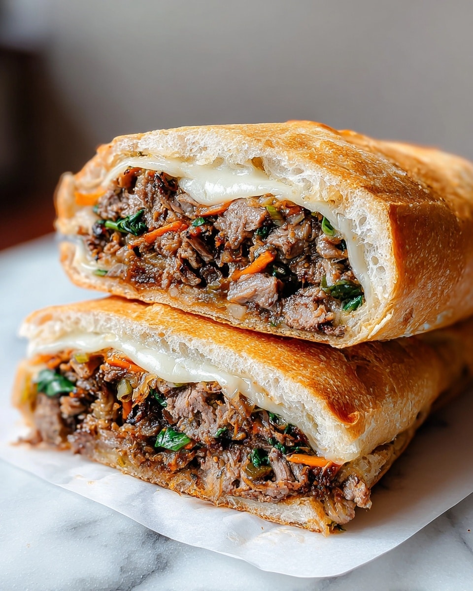 A sandwich cut in half and stacked, showing inside layers of thinly sliced, cooked beef with a slightly crispy texture mixed with small bits of orange carrot and green spinach leaves. The beef is juicy and dark brown, surrounded by melted white cheese that stretches slightly between the layers. The sandwich is made with a light golden toasted crusty bread roll, and the inside is soft white bread with a slightly airy texture. The sandwich is placed on white marbled paper on a white marbled surface. Photo taken with an iphone --ar 4:5 --v 7