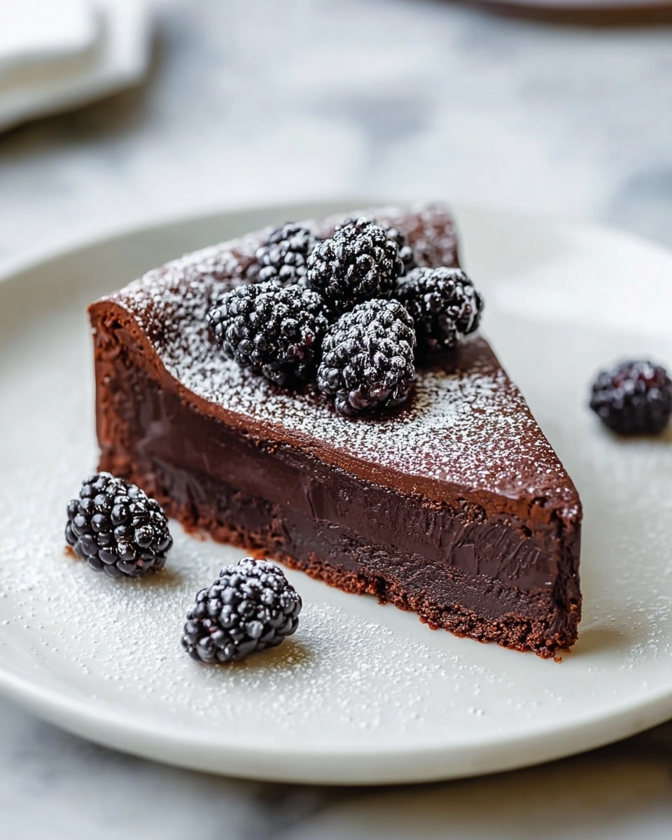 A single slice of rich, dark chocolate cake sits on a round white plate with a smooth texture. The cake has two visible layers: a thin, slightly crumbly outer crust that is dark brown, and a dense, moist inner layer that is almost black and smooth. The top of the cake is dusted with fine white powdered sugar and decorated with a cluster of ripe blackberries, with a few scattered around the plate's edge, all sitting on a white marbled surface. The overall look is elegant and appetizing. photo taken with an iphone --ar 4:5 --v 7
