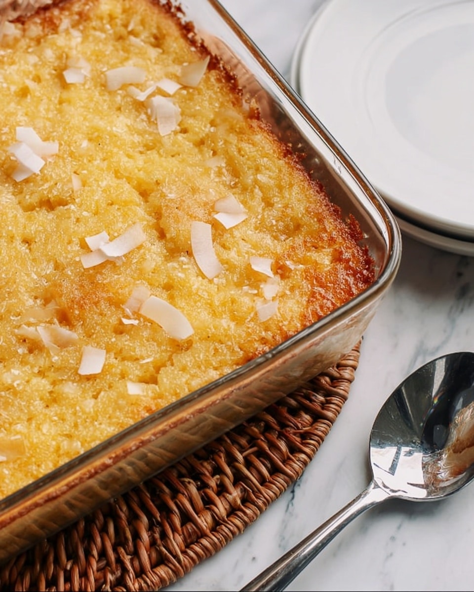 A close-up view of a baked dessert in a clear glass baking dish, showing one golden-brown layer with a slightly crisp edge and a soft, moist texture inside, topped with small bits of shredded white coconut scattered unevenly across the surface. The glass dish rests on a white marbled surface with a woven mat underneath. To the side, there is a white plate and a shiny silver spoon reflecting the surroundings. The scene has warm, natural lighting. Photo taken with an iphone --ar 4:5 --v 7