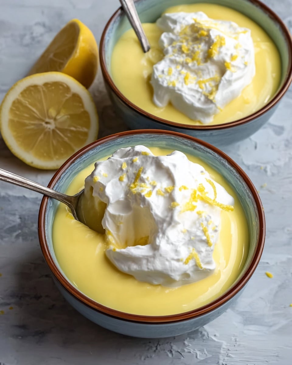 A bowl with a smooth, thick lemon pudding base in bright yellow fills the bottom layer, topped with a large scoop of airy white whipped cream sprinkled with tiny yellow lemon zest shreds. A shiny metal spoon scoops out a portion of the soft pudding, revealing its creamy texture. The bowl is white on the inside with a dark brown rim and is set on a white marbled surface with lemon slices blurred in the background. photo taken with an iphone --ar 4:5 --v 7