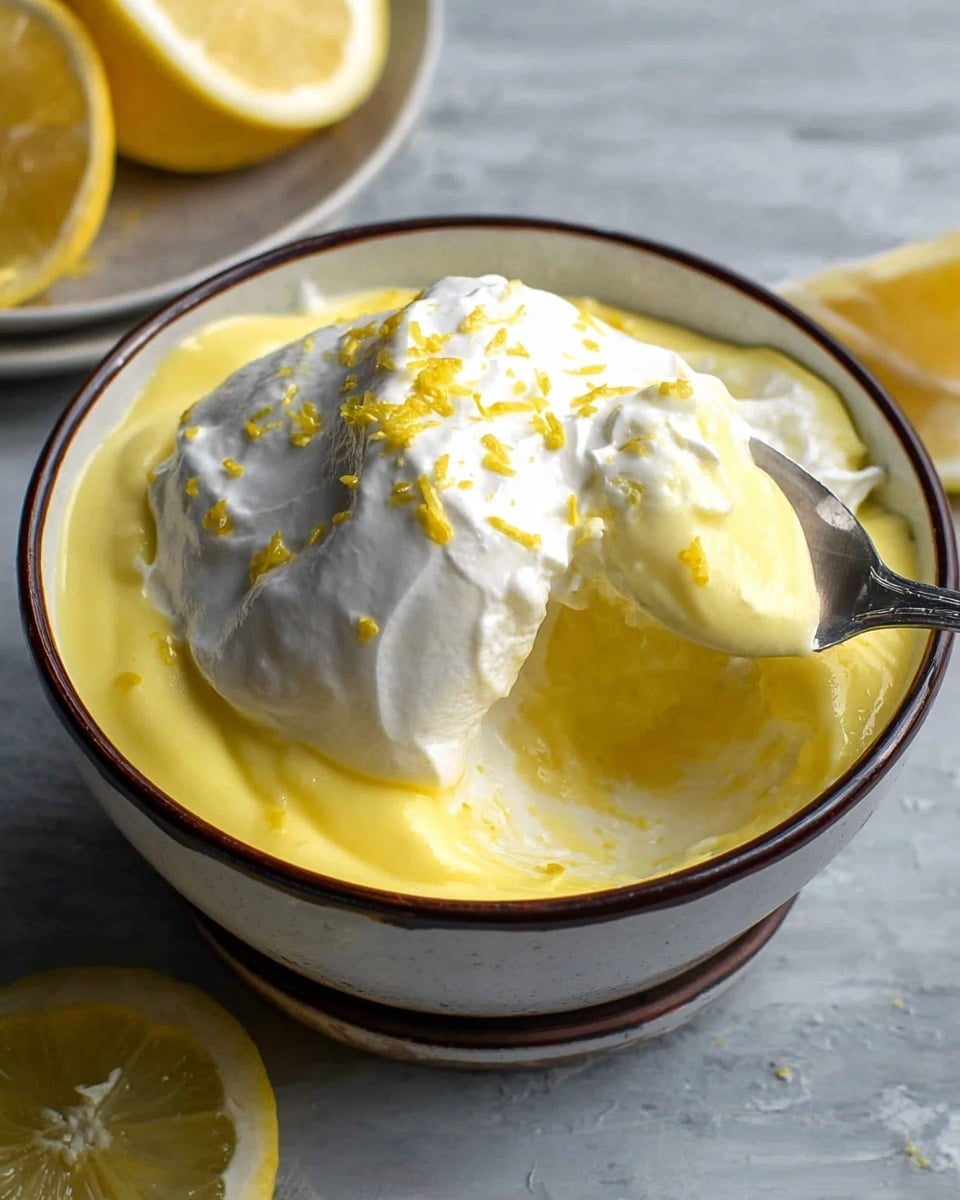 The image shows two bowls filled with a smooth, bright yellow lemon dessert, topped with a large dollop of fluffy white whipped cream sprinkled with small yellow lemon zest pieces. One bowl has a silver spoon dipped into the thick dessert, slightly scooping it from the side. Behind the bowls, there are a few lemon slices resting on the surface. The bowls are round with a brown outer edge and a light blue interior. The whole scene is set on a white marbled textured surface. photo taken with an iphone --ar 4:5 --v 7