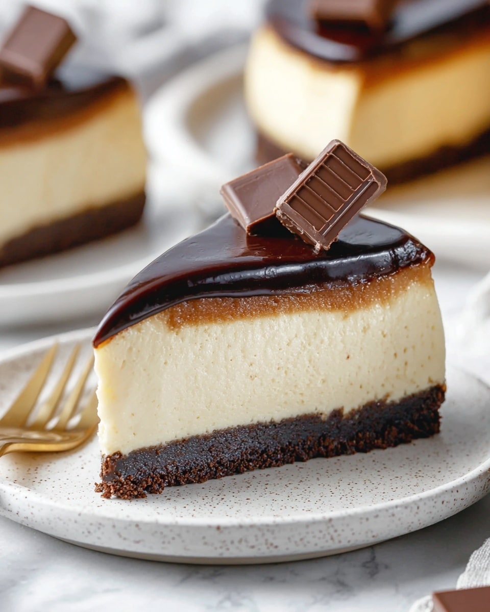 A close-up of a slice of cheesecake on a white speckled plate with a gold fork resting beside it, placed on a white marbled surface; the cheesecake has three clear layers: a dense, dark brown crumb crust at the bottom, a thick creamy off-white cheesecake layer in the middle, and a glossy dark chocolate ganache on top, which is finished with two small solid chocolate pieces lying near the pointed tip of the slice. In the soft-focus background, there are more slices of the same cheesecake. photo taken with an iphone --ar 4:5 --v 7