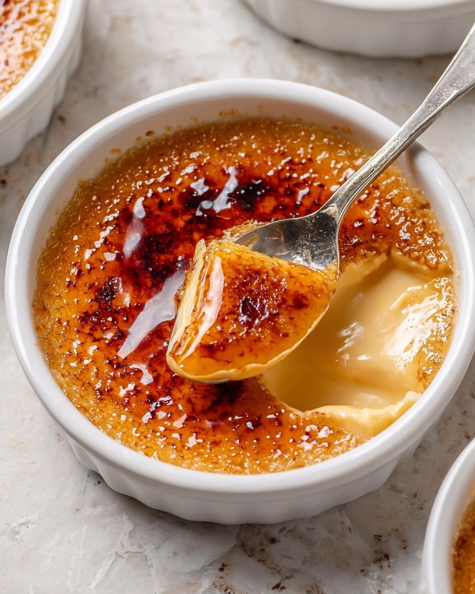 The image shows a round white ceramic dish filled with crème brûlée, featuring a thin, shiny, caramelized golden-brown sugar crust on top. The crust is cracked, revealing a smooth, creamy, pale yellow custard layer underneath. A silver spoon dips into the custard, scooping up a thick portion from the center, creating a visual contrast between the glossy burnt sugar surface and the soft custard below. The dish sits on a white marbled surface. Photo taken with an iphone --ar 4:5 --v 7