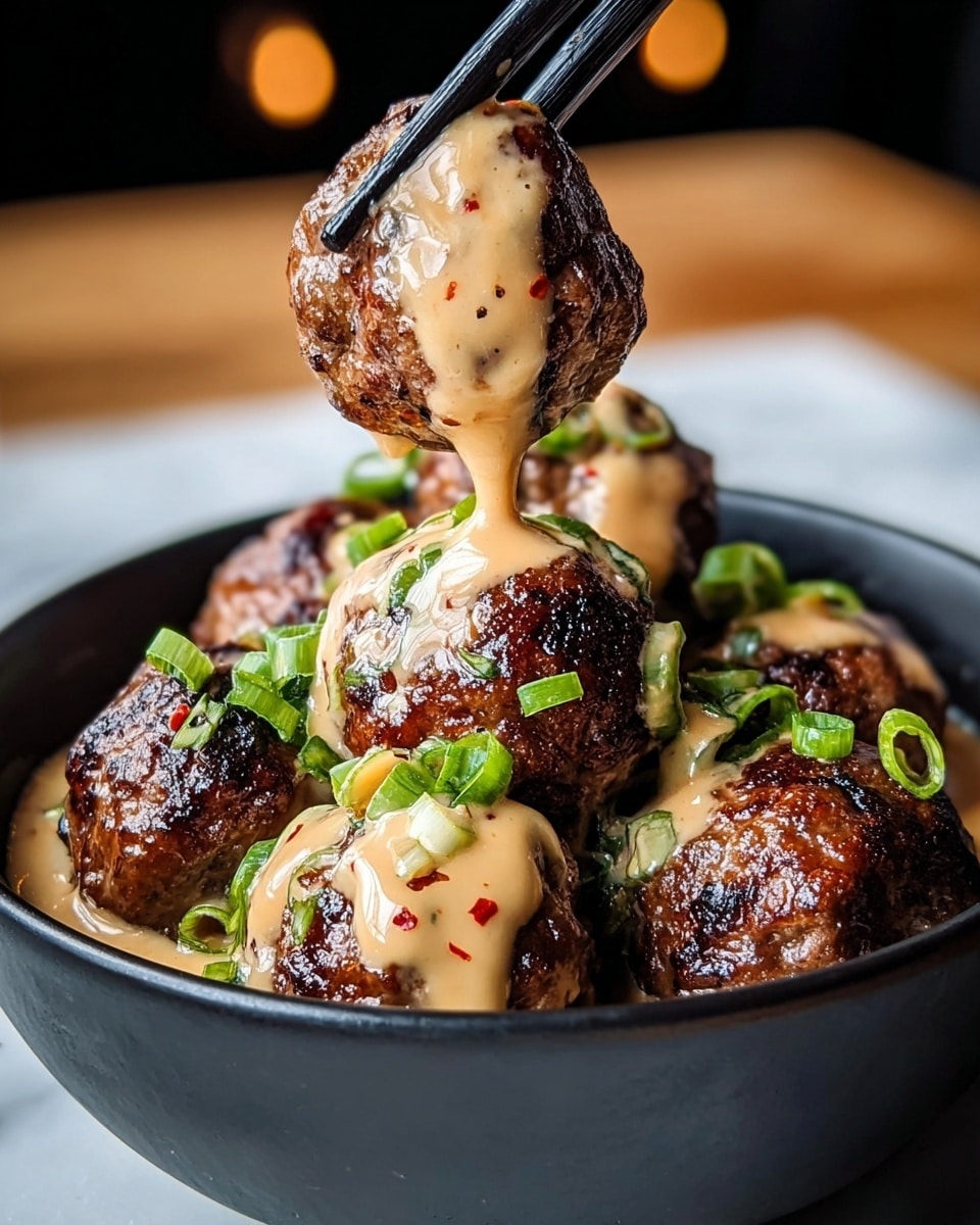 A close-up view of a black bowl filled with dark brown grilled meatballs coated with a thick beige creamy sauce that has small red specks, and sprinkled with fresh, chopped green onions. One meatball is lifted above the bowl with black chopsticks, showing the sauce slowly dripping down its sides. The bowl sits on a white marbled surface, and the background is softly blurred, emphasizing the shiny, moist texture of the meatballs and creamy topping. photo taken with an iphone --ar 4:5 --v 7