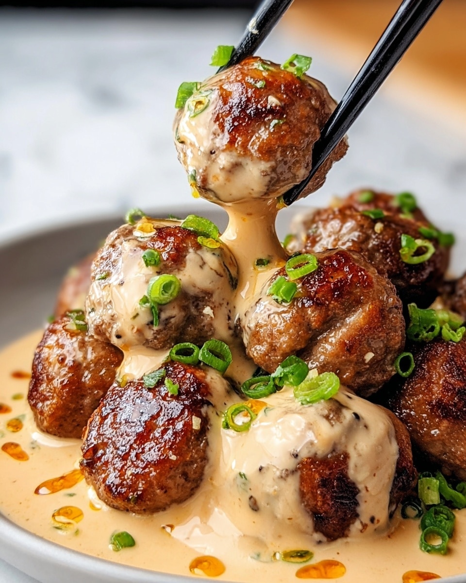 A close-up view of several browned meatballs with a slightly crispy texture, coated in a thick, creamy beige sauce with visible specks and drizzles of orange oil, all resting on a white plate; some meatballs are garnished with small green chopped scallions scattered on top and around them, while one meatball is being held above the plate by black chopsticks, showing the sauce dripping down. The background features a soft white marbled texture. Photo taken with an iphone --ar 4:5 --v 7