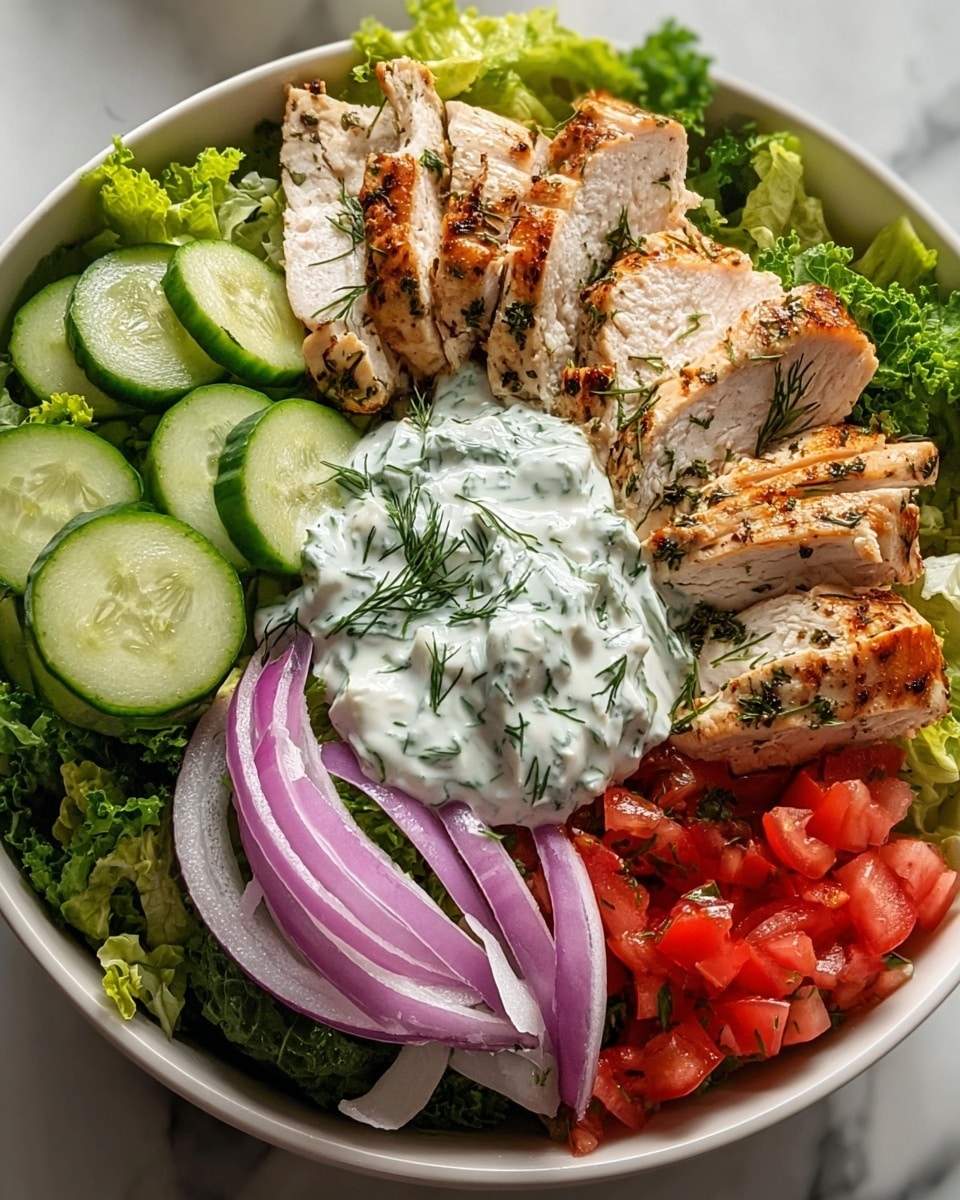 A white bowl filled with a layered salad sitting on a white marbled texture. The bottom layer is bright green curly lettuce leaves. On top of the lettuce, there are thick slices of light green cucumber with seeds. Next, there are chunks and strips of grilled chicken breast with a golden-brown outside and white inside, sprinkled with small bits of dark herbs. In the center is a dollop of white creamy sauce with green dill bits mixed in. Thin slices of purple onion are placed on and around the sauce. On one side of the bowl, there are small, finely chopped bright red tomatoes. Photo taken with an iphone --ar 4:5 --v 7