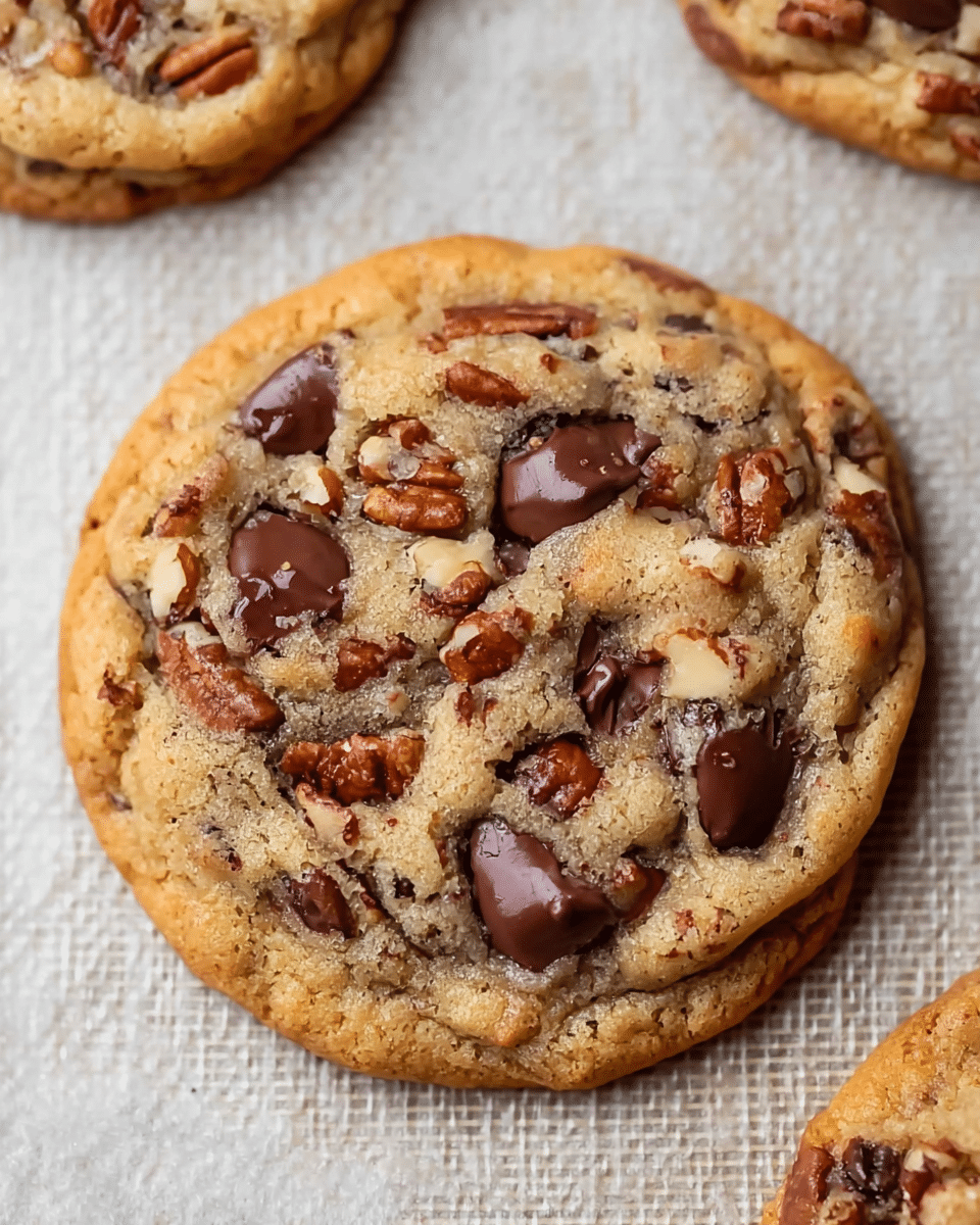 A close-up view of a single round cookie with a golden-brown, slightly cracked surface, studded with large, melted dark chocolate chips and chunks of pecans spread evenly across its top. The cookie appears soft and chewy in the center, with edges that are slightly crisp and darker brown. Two more similar cookies are partially visible in the background, resting on a textured baking mat. The whole scene is set on a white marbled texture. photo taken with an iphone --ar 4:5 --v 7
