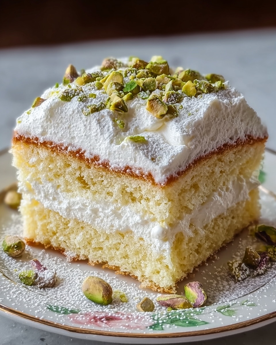 A square piece of cake with two layers of soft, light yellow sponge cake sandwiching a thick, fluffy white cream layer in the middle. The top layer of the cake is covered with a generous spread of white whipped cream, sprinkled with chopped green pistachios and dusted lightly with powdered sugar. The cake sits on a white plate with a delicate floral pattern around the edge, placed on a white marbled surface. A few scattered pistachio pieces and powdered sugar decorate the plate edges. photo taken with an iphone --ar 4:5 --v 7