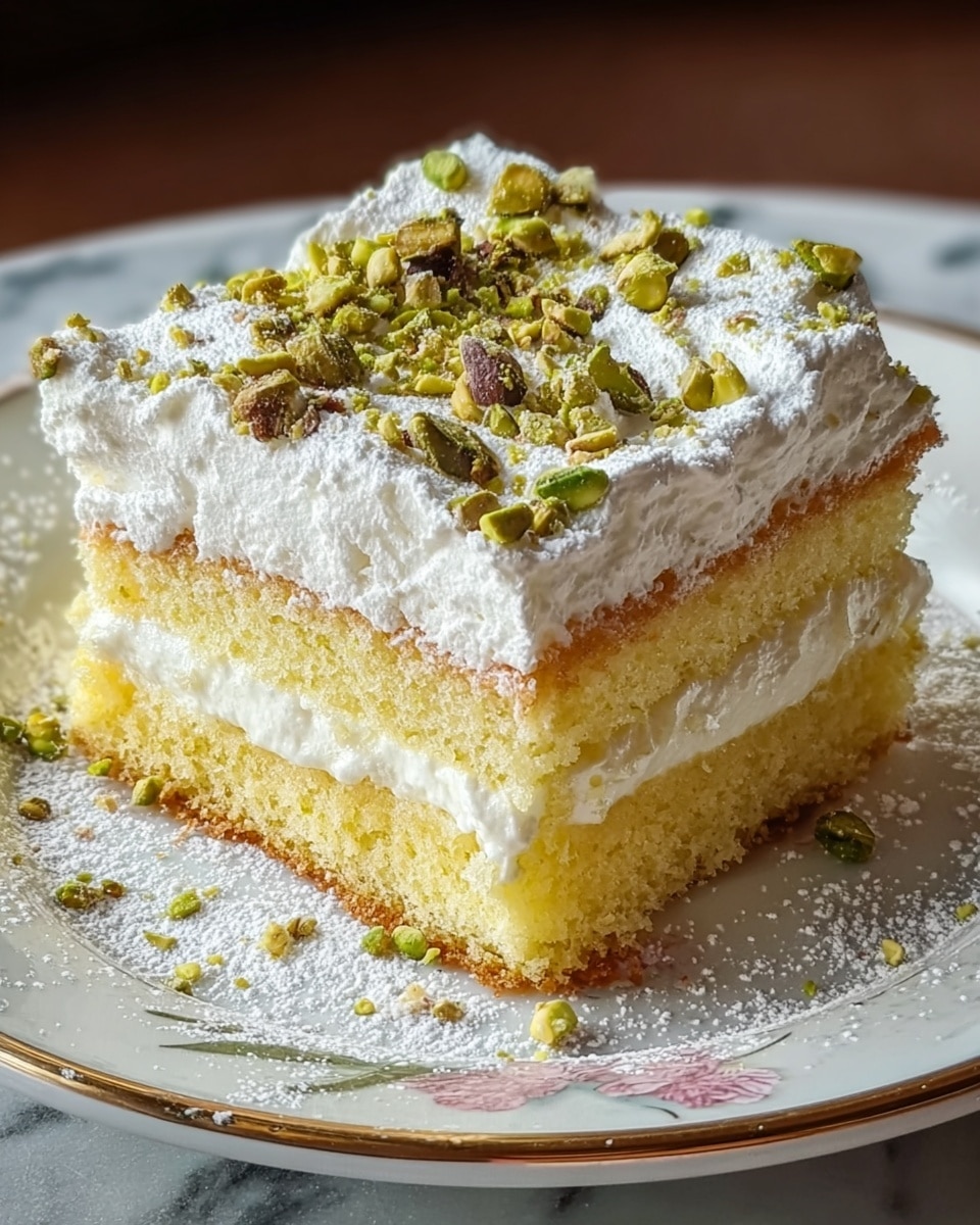 A square piece of cake with two yellow sponge layers separated by a thick layer of white creamy filling. The top sponge layer is covered with a thick, rough layer of white whipped cream sprinkled with crushed green and brown pistachio nuts. The cake is on a white plate with a gold rim and faint floral patterns, resting on a white marbled surface with some powdered sugar scattered around the cake and plate edges. Photo taken with an iphone --ar 4:5 --v 7