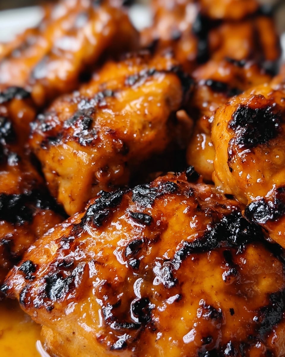 The image shows close-up grilled chicken pieces with a shiny, caramelized orange-brown glaze and scattered black char marks, giving a juicy and slightly crispy texture. The surface of the chicken is uneven and textured, showing clear grill lines. The chicken pieces fill the frame, resting closely together with hints of caramelized sauce pooling between them. photo taken with an iphone --ar 4:5 --v 7