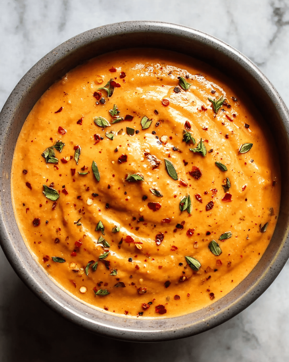 A single bowl filled with a creamy, thick orange sauce with small red pepper flakes and black pepper specks mixed in. The sauce has a smooth texture with visible swirls on the surface, topped with small green herb leaves scattered evenly. The bowl is gray and the background is a white marbled texture. photo taken with an iphone --ar 4:5 --v 7