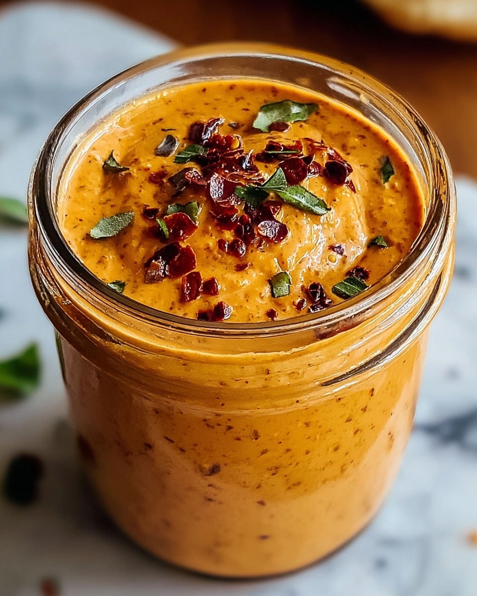 A close-up view of a clear glass jar filled with a thick, creamy orange sauce. The sauce has a slightly coarse texture and is topped with small dark red chili flakes and a few small green herb leaves scattered on the surface. The jar is set against a blurred background with a white marbled texture surface beneath. Photo taken with an iphone --ar 4:5 --v 7