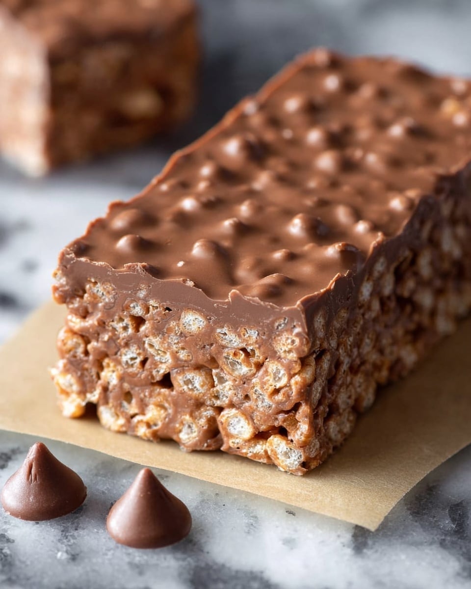 A close-up view of a rectangular chocolate crispy treat with two visible layers: the bottom layer is made of mixed crispy rice cereal bound by milk chocolate, showing a rough, crunchy texture with a mix of light and dark brown colors; the top layer is a smooth, thick milk chocolate coating with small, embedded crunchy bits, creating a slightly bumpy surface in a solid medium brown color. The treat is placed on a small piece of light brown parchment paper on a white marbled texture. In the foreground, two smooth milk chocolate chips lie near the treat, adding depth to the image. Photo taken with an iphone --ar 4:5 --v 7