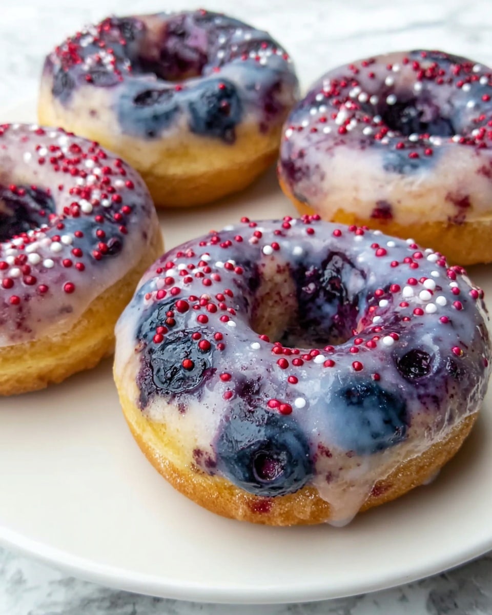 A close-up of four blueberry donuts on a white plate, placed on a white marbled surface. Each donut has one layer of light golden brown dough mixed with deep blue blueberries inside. The top layer is covered with a translucent glaze that has a light purple tint with visible blueberries under it. Little red and white round sprinkles are scattered evenly across the glaze, adding small spots of color. The donuts have a soft, slightly shiny texture with some areas showing a powdered sugar coating. photo taken with an iphone --ar 4:5 --v 7