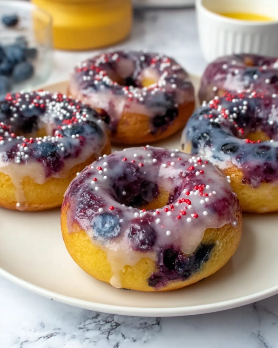The image shows five blueberry donuts on a white plate set on a white marbled surface. Each donut has a golden-yellow base with visible dark purple-blue blueberry spots baked inside. The top layer is covered with a shiny, translucent glaze that has a light purple tint due to the blueberries, scattered with small white and red sprinkles. The texture of the donuts looks moist and soft, with a smooth and slightly glossy finish from the glaze. In the background, there is a glimpse of a yellow item and a white small cup with a yellow sauce. photo taken with an iphone --ar 4:5 --v 7