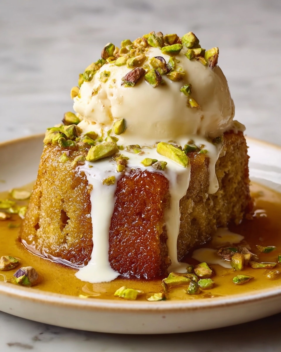 The image shows a close-up of a golden-brown baked cake with a crumbly texture in a clear glass baking dish. A smooth, pale green sauce is being poured generously over the top, flowing down the sides of the cake and the dish. The sauce looks thick and glossy, creating a shiny layer on the warm cake. The background features a white marbled texture that contrasts with the warm colors of the cake and green sauce. photo taken with an iphone --ar 4:5 --v 7