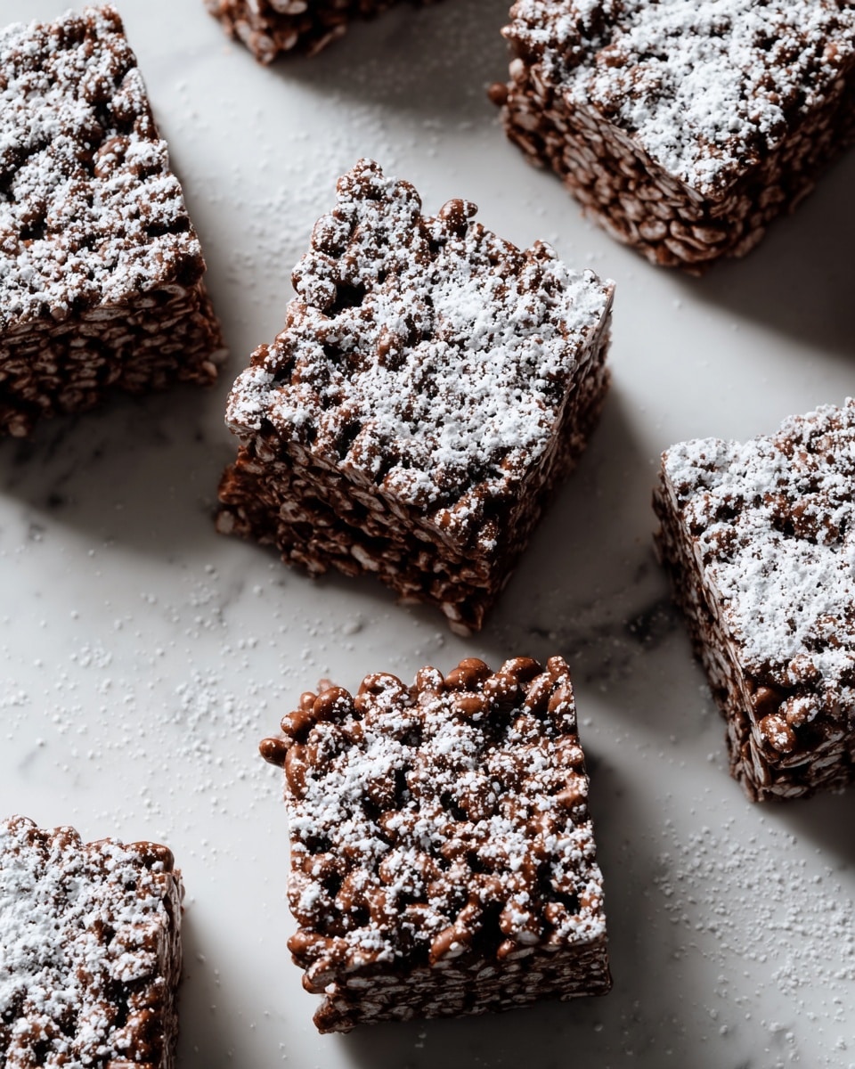 The image shows several square-shaped chocolate rice crispy treats arranged on a white marbled surface. Each treat is made from compact clusters of shiny dark brown chocolate-coated rice cereal, creating a rough and bumpy texture. The top of each square is uneven and sprinkled generously with fine white powdered sugar, adding a soft, snowy contrast to the dark, glossy cereal mix. The treats are stacked in pairs or grouped closely, with some pieces standing alone, giving a sense of depth and dimension to the arrangement. Photo taken with an iphone --ar 4:5 --v 7
