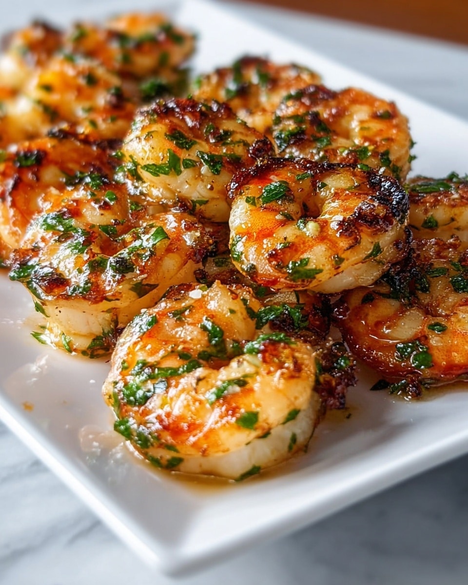 The image shows a white rectangular plate filled with a single layer of grilled shrimp. Each shrimp is golden brown with darker char marks and is covered with small green herb pieces, likely parsley, giving a fresh look. The shrimp are closely placed together, displaying a shiny, slightly oily texture that suggests they are well seasoned and cooked. The plate is on a white marbled surface. photo taken with an iphone --ar 4:5 --v 7