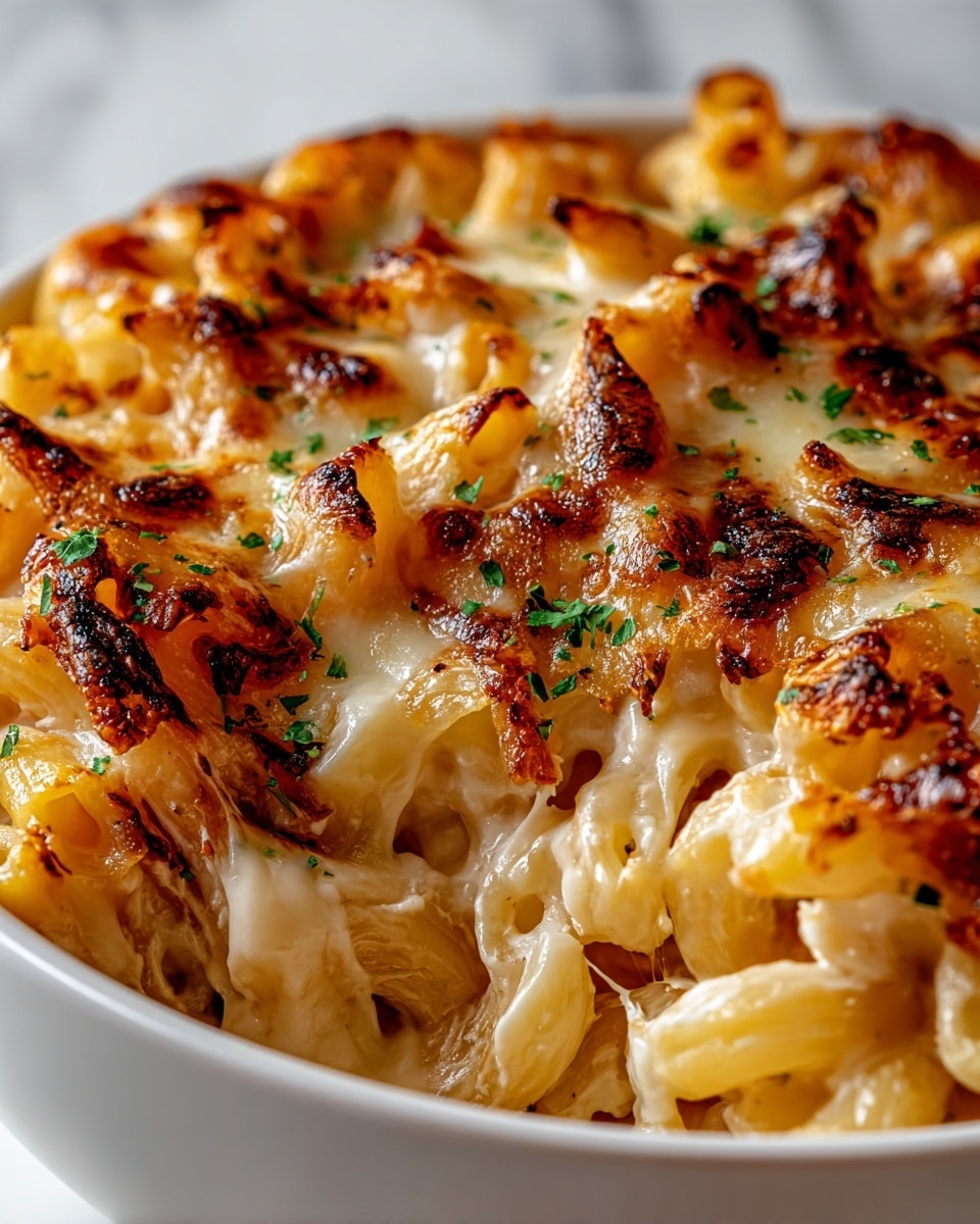 A close-up of baked macaroni and cheese in a white bowl on a white marbled surface, showing three layers: the bottom layer is tender pale yellow macaroni, the middle layer is melted creamy white cheese, and the top layer is golden brown melted cheese with some darker toasted spots and finely chopped green herbs sprinkled on top, giving a rich and gooey texture. photo taken with an iphone --ar 4:5 --v 7
