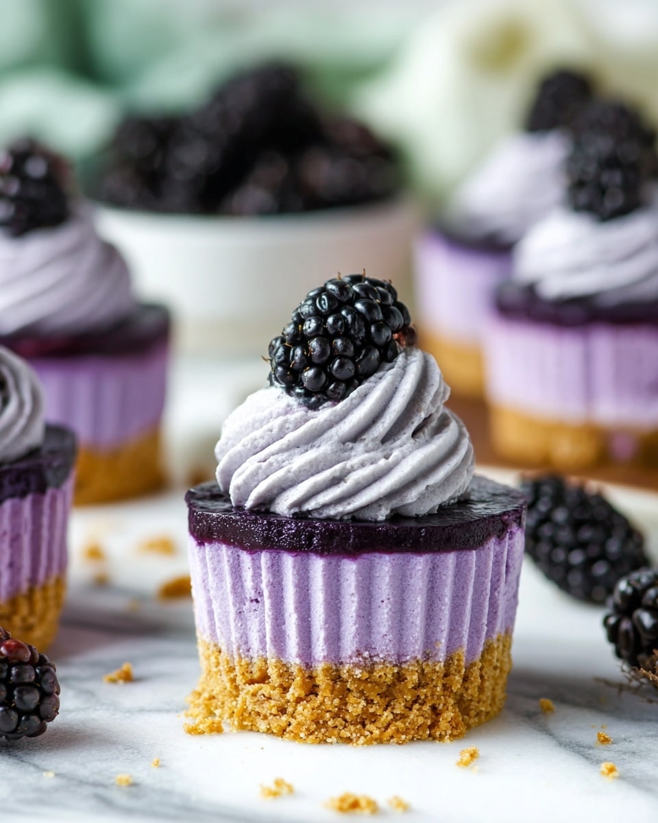 The image shows a close-up of a mini cupcake with four distinct layers on a white marbled surface. The bottom layer is a crumbly, golden brown crust, topped by a dense, light purple cheesecake layer. Above this is a shiny, dark purple jelly layer, and the top is a swirled, fluffy light purple whipped cream layer crowned with a glossy black blackberry. In the background, other similar cupcakes and a white bowl filled with blackberries are softly blurred. Photo taken with an iphone --ar 4:5 --v 7