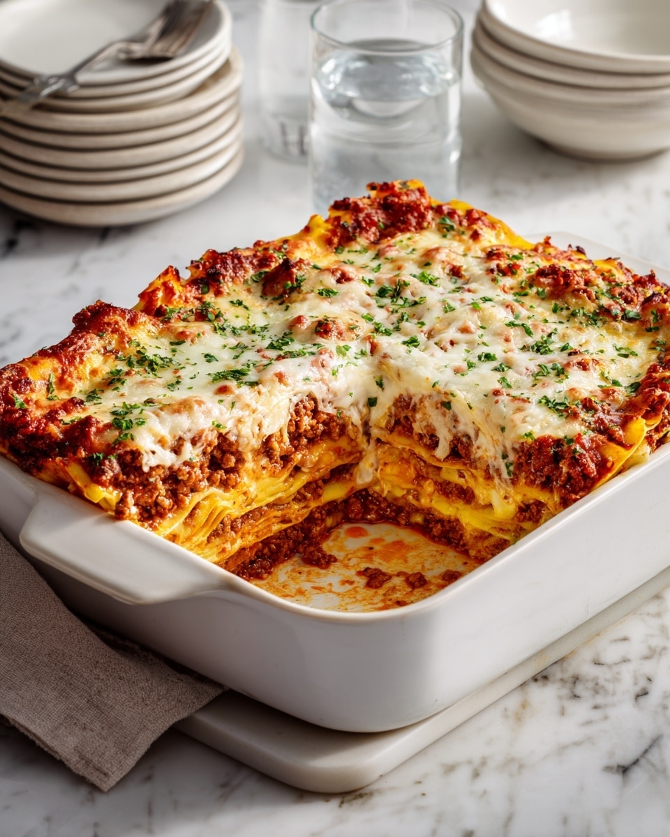 A white rectangular baking dish holds a baked layered casserole with a golden brown melted cheese top mixed with bits of red sauce. One corner has a portion removed, revealing about six layers inside: a bottom layer of pasta or tortillas in light yellow, a thick middle layer of brown cooked meat, visible creamy white sauce, and more pasta or tortillas alternating with red tomato sauce and cheese layers. The dish rests on a white marbled surface with a glass of water and stacked white bowls in the background. photo taken with an iphone --ar 4:5 --v 7
