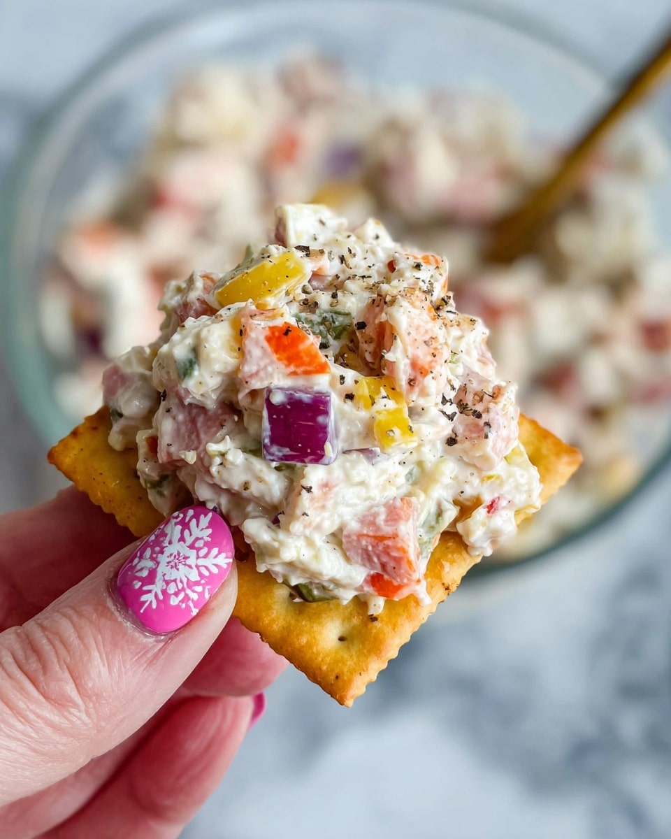 A close-up image of a square golden-brown cracker topped with a creamy, chunky salad mixture held by a woman's hand with pink nail polish decorated with white snowflake designs. The salad on top includes visible layers of diced pink ham, orange shredded carrots, small yellow pepper pieces, and bits of purple-red onions all coated in a creamy white dressing with some black pepper sprinkled on top. Behind the cracker, a clear glass bowl of the same salad is slightly blurred, resting on a white marbled surface. photo taken with an iphone --ar 4:5 --v 7