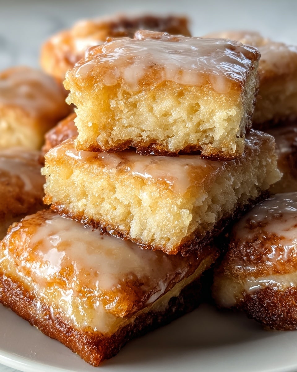 The image shows a close-up of small square pastries stacked on a white plate placed on a white marbled surface. Each pastry has two layers: a soft and moist light yellow inside and a golden brown outer crust. The top layer is covered with a shiny, smooth glaze that looks sticky and glossy, giving the pastries a slightly wet appearance. The texture of the crust looks crisp while the inside appears dense and tender. photo taken with an iphone --ar 4:5 --v 7
