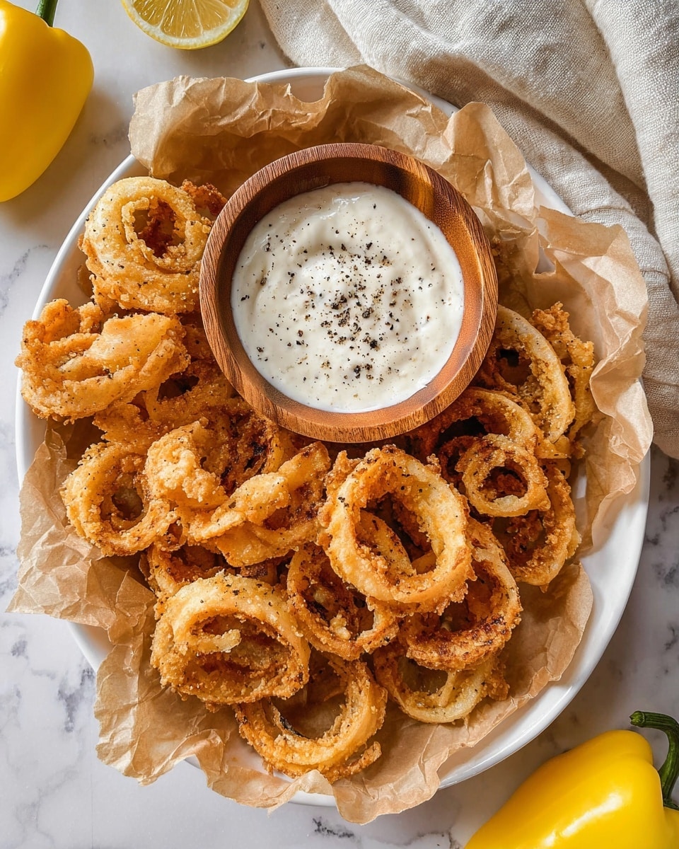A white plate lined with crumpled brown paper holds a large pile of golden-brown fried onion rings, seasoned with black pepper and crispy texture. In the center of the plate, a small wooden bowl filled with creamy white dipping sauce, sprinkled lightly with cracked black pepper. The plate is set on a white marbled surface, with two yellow peppers placed near the edges and a cream-colored cloth visible in the background. The overall look is warm and appetizing. photo taken with an iphone --ar 4:5 --v 7