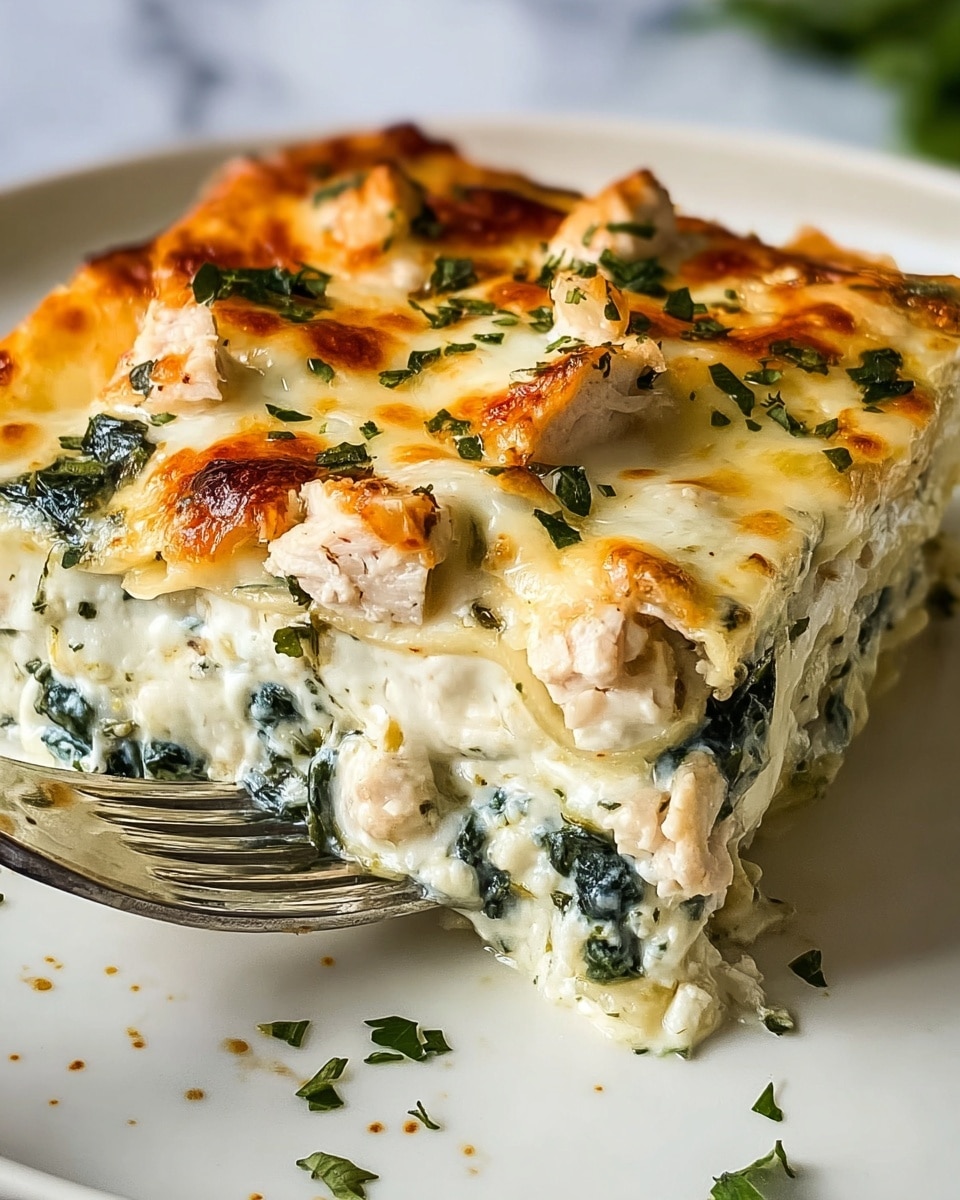 The dish shows a close-up of a slice of creamy white lasagna on a white plate with specks of herbs. It has three main layers: the bottom is a smooth white cheese layer, the middle has dark green spinach mixed with more white cheese, and the top is melted golden brown cheese with small pieces of white chicken and fresh green herbs sprinkled over. The edges of the cheese are slightly browned, giving a delicious baked look, and the slice is held on a fork at the bottom left corner. The background is a white marbled texture. photo taken with an iphone --ar 4:5 --v 7
