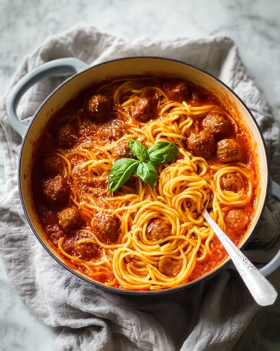 A round white pot filled with a layer of thick tomato sauce at the bottom, covered by a generous layer of cooked yellow spaghetti noodles mixed evenly with small brown meatballs scattered throughout. On top, a fresh, bright green basil leaf sits in the center, adding a pop of color. A silver spoon rests inside the pot on the right side, partially buried in the noodles. The pot is placed on a soft, light gray cloth with folds and creases, and the entire scene is set against a white marbled textured background. photo taken with an iphone --ar 4:5 --v 7