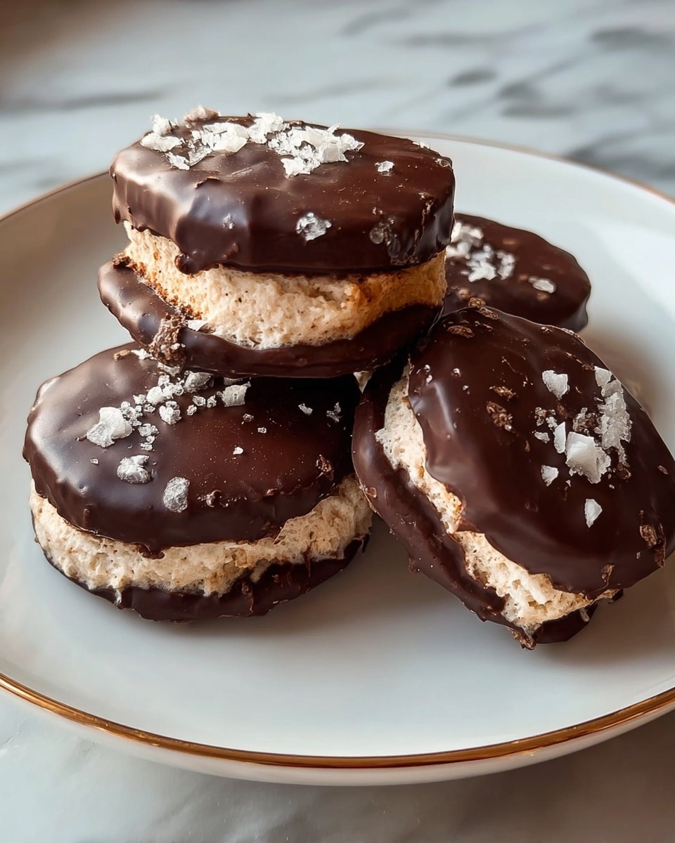 Five round cookies are stacked on a white plate with a decorated edge. Each cookie has two layers: a light beige bottom layer that looks soft and crumbly, and a smooth, dark brown chocolate top layer that covers the entire top and drips slightly on the sides. Small white crumb pieces are sprinkled on top of the chocolate layer, adding texture and contrast. The cookies are closely arranged with one slightly on top of the others in the center. The photo is taken on a white marbled surface. photo taken with an iphone --ar 4:5 --v 7