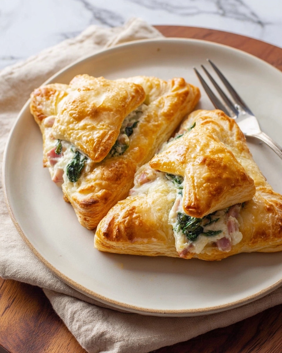 The image shows two golden brown puff pastries on a round white plate. Each pastry is folded into a triangular shape with crimped edges, showing a creamy white filling inside with visible bits of green spinach and small pieces of pink ham, giving a mix of soft creamy and flaky golden textures. The pastries are placed side by side on the plate, which sits on a white marbled surface with a beige cloth and a silver fork beside it. Photo taken with an iphone --ar 4:5 --v 7