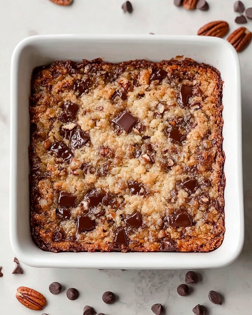 The image shows a baked dessert in a white square dish, with a golden brown, crumbly top layer filled with melted dark chocolate chips and pieces of pecans spread unevenly across the surface. The edges are slightly darker and crispier, adding texture contrast, while the center looks soft and gooey. The dish rests on a white marbled surface with scattered dark chocolate chips blurred in the background, creating a warm and inviting feel. Photo taken with an iphone --ar 4:5 --v 7