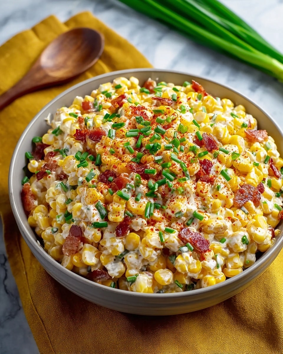 A close-up view of a creamy corn salad served in a white bowl, filled to the rim with three main layers: bright yellow corn kernels mixed evenly with a creamy white dressing, small pieces of reddish-brown bacon bits scattered throughout, and a topping of fresh green chives cut into short pieces along with a light dusting of reddish paprika powder. The bowl sits on a mustard yellow cloth that covers part of a white marbled surface, with a wooden spoon and green onions blurred softly in the background. Photo taken with an iphone --ar 4:5 --v 7