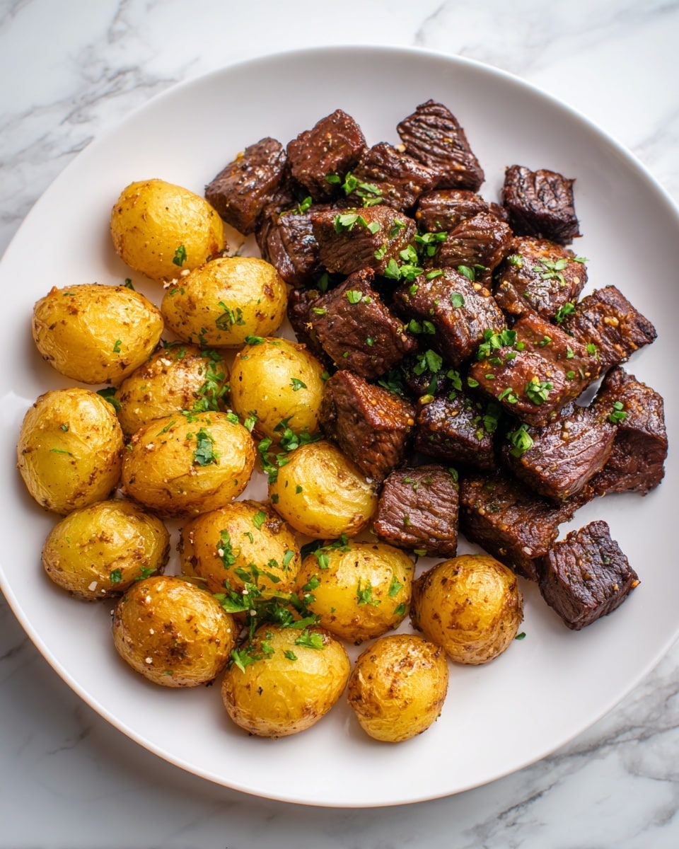 A white plate filled with two layers: the bottom layer has small golden brown potatoes with a slightly crispy texture and light seasoning scattered on them, placed on the right side of the plate. On top, there is a pile of dark brown grilled beef cubes, glistening with a light shine of oil and seasoning, showing a slightly rough surface. Both the beef and potatoes are sprinkled with small green herbs that add brightness to the dish. The dish is set on a white marbled surface. Photo taken with an iphone --ar 4:5 --v 7