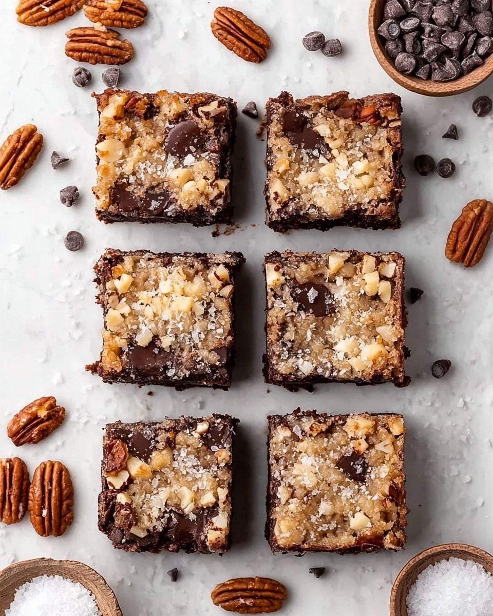 Six square dessert bars are arranged neatly in two rows of three on a white marbled surface. Each bar has a slightly crumbly beige layer on top with visible chunks of chopped nuts and melted dark chocolate pieces embedded throughout. The edges of the bars are darker, showing a rich, fudgy brownie base beneath the nutty top layer. Scattered around the bars are whole pecans, dark chocolate chips, and small bowls filled with more chocolate chips and coarse salt, enhancing the rustic and homemade feel of the scene. photo taken with an iphone --ar 4:5 --v 7