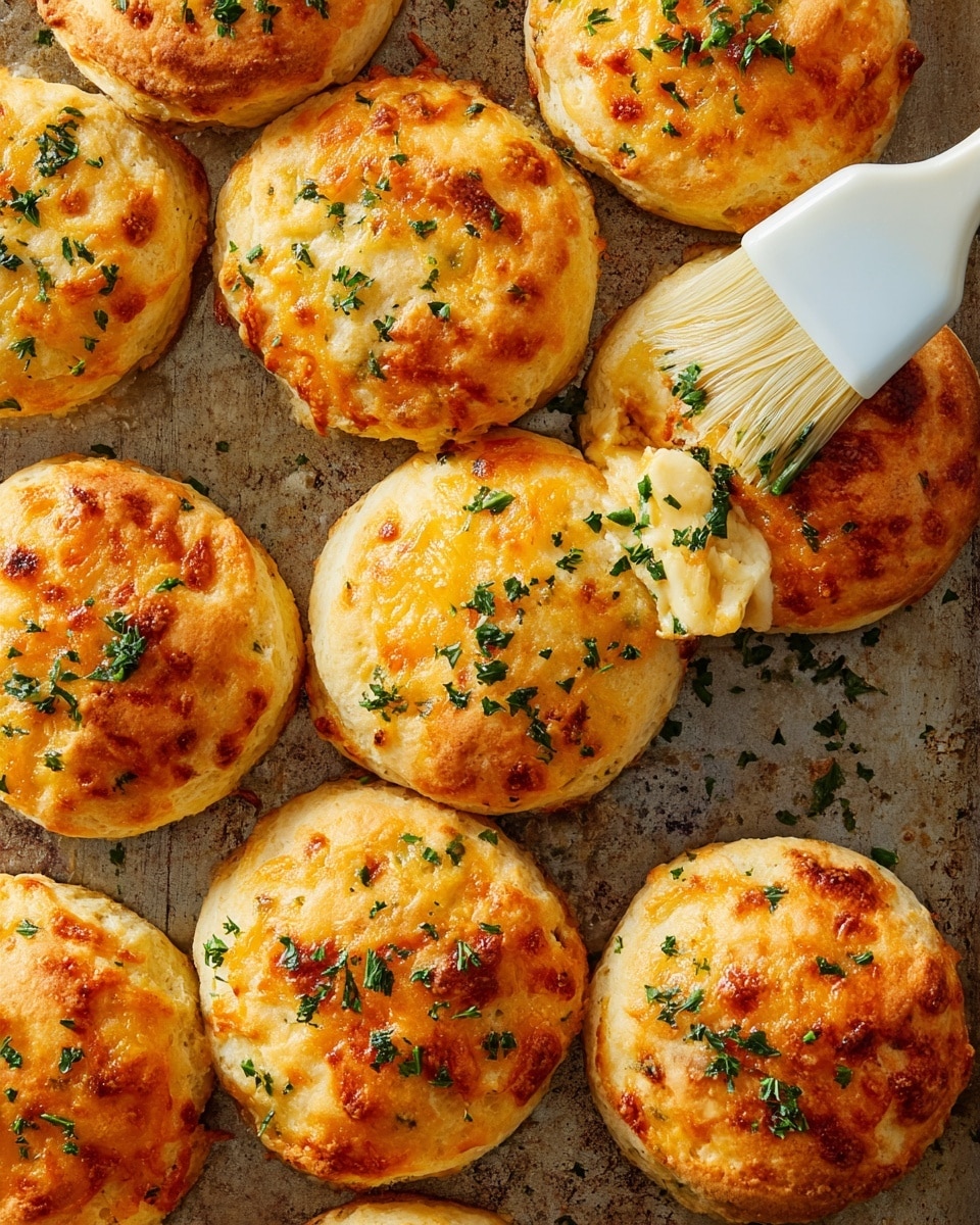 A close-up view of a pile of golden-brown biscuits stacked in a white round container lined with white parchment paper; each biscuit has a shiny, slightly crispy top layer with melted cheese and green herb specks scattered evenly on the surface; the sides show a soft, flaky texture with hints of gooey melted cheese oozing out; the biscuits are thick with multiple layers visible on the sides, showing a soft creamy inside and a golden crust on the outside; the white marbled surface beneath adds a clean and bright background. photo taken with an iphone --ar 4:5 --v 7