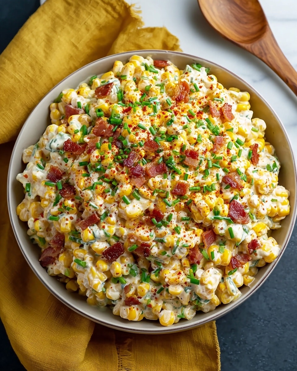A large bowl filled with creamy corn salad, with bright yellow corn kernels mixed with small pieces of crispy reddish-brown bacon and chopped green chives. The salad is thickly coated in white creamy dressing and topped with a light dusting of red spice and more green chives. The bowl is white, sitting on a folded mustard-yellow cloth on top of a white marbled surface, with a wooden spoon placed nearby in the background. photo taken with an iphone --ar 4:5 --v 7