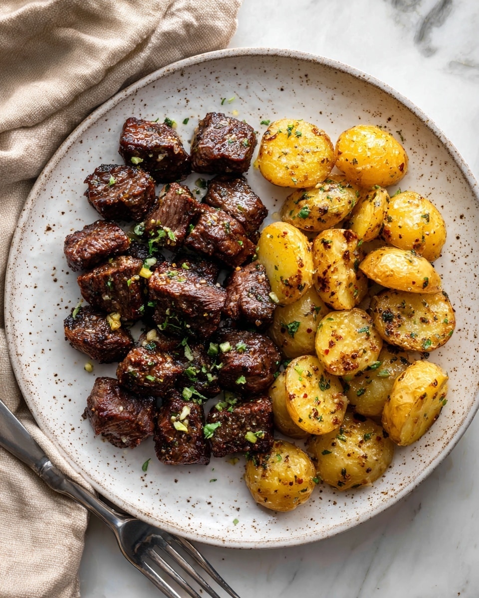 A white speckled plate holds two main layers of food: on the left side, there are multiple chunks of dark brown grilled steak bites, each piece glistening with a light coating of seasoning and garnished with small green herbs; on the right side, there are a group of golden roasted baby potatoes, halved, showing a crispy textured surface with visible herbs and pepper sprinkled on top. The plate sits on a white marbled surface next to a beige cloth and a silver fork. photo taken with an iphone --ar 4:5 --v 7