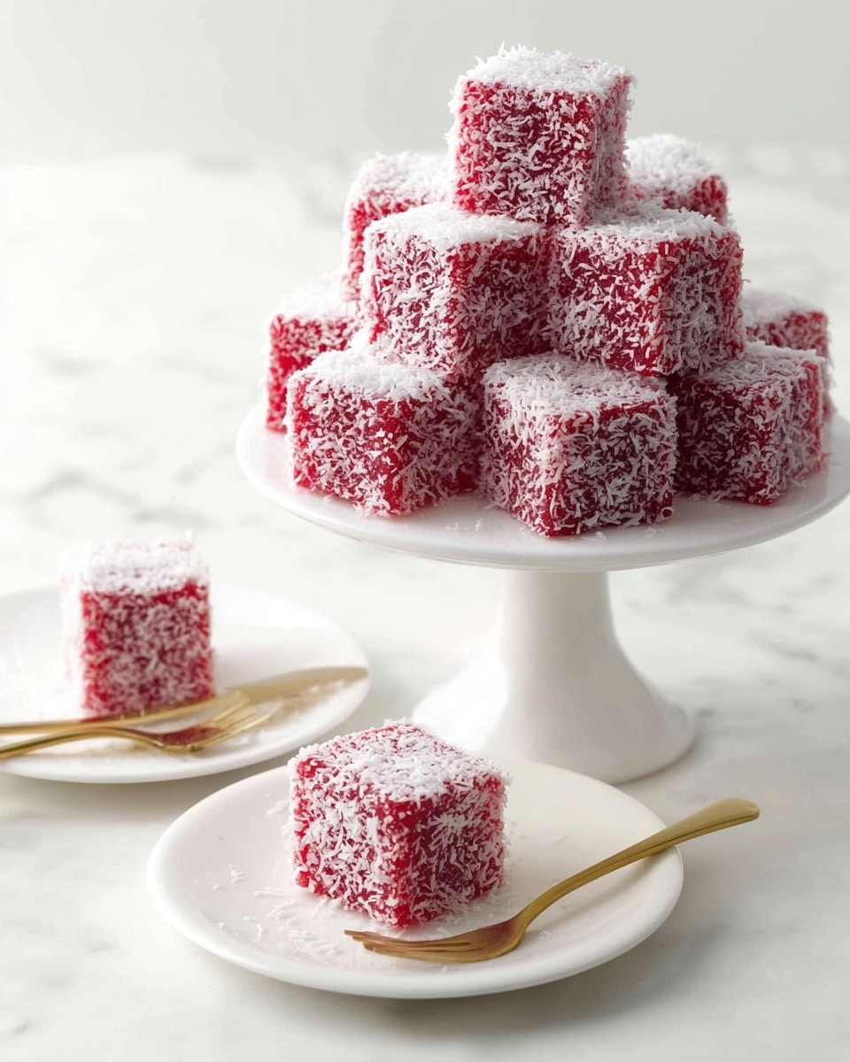 A small square cake with three layers is shown on a white plate over a white marbled texture. The top and sides are covered with bright pink icing and sprinkled with white shredded coconut, creating a rough textured look. The inside reveals a light yellow, soft sponge cake center, and a thin dark brown layer at the bottom. A bite is taken from the front, showing the moist inside clearly. A metal fork is blurry in the background. Photo taken with an iphone --ar 4:5 --v 7
