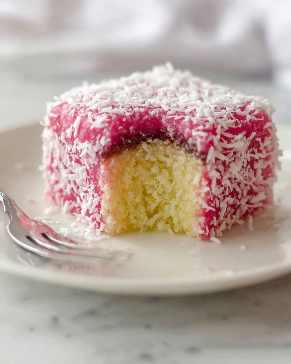 A stack of bright red square-shaped sweets covered in white shredded coconut sits on a white pedestal plate, forming a pyramid with multiple layers of cubes layered closely together. In front, two white round plates each hold one similar red cube with a fluffy coconut coating, accompanied by gold forks lying next to the sweets. The background and surface feature a clean white marbled texture, creating a bright and fresh setting. photo taken with an iphone --ar 4:5 --v 7